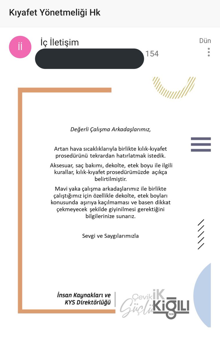 Haber's tweet photo. Kiğılı, kıyafet yönetmeliği adı altında kadın çalışanlarına mail göndererek, ‘basen dikkat çekmeyecek şekilde’ giyinilmesi uyarısında bulundu. https://t.co/gPZNUH1Dmh