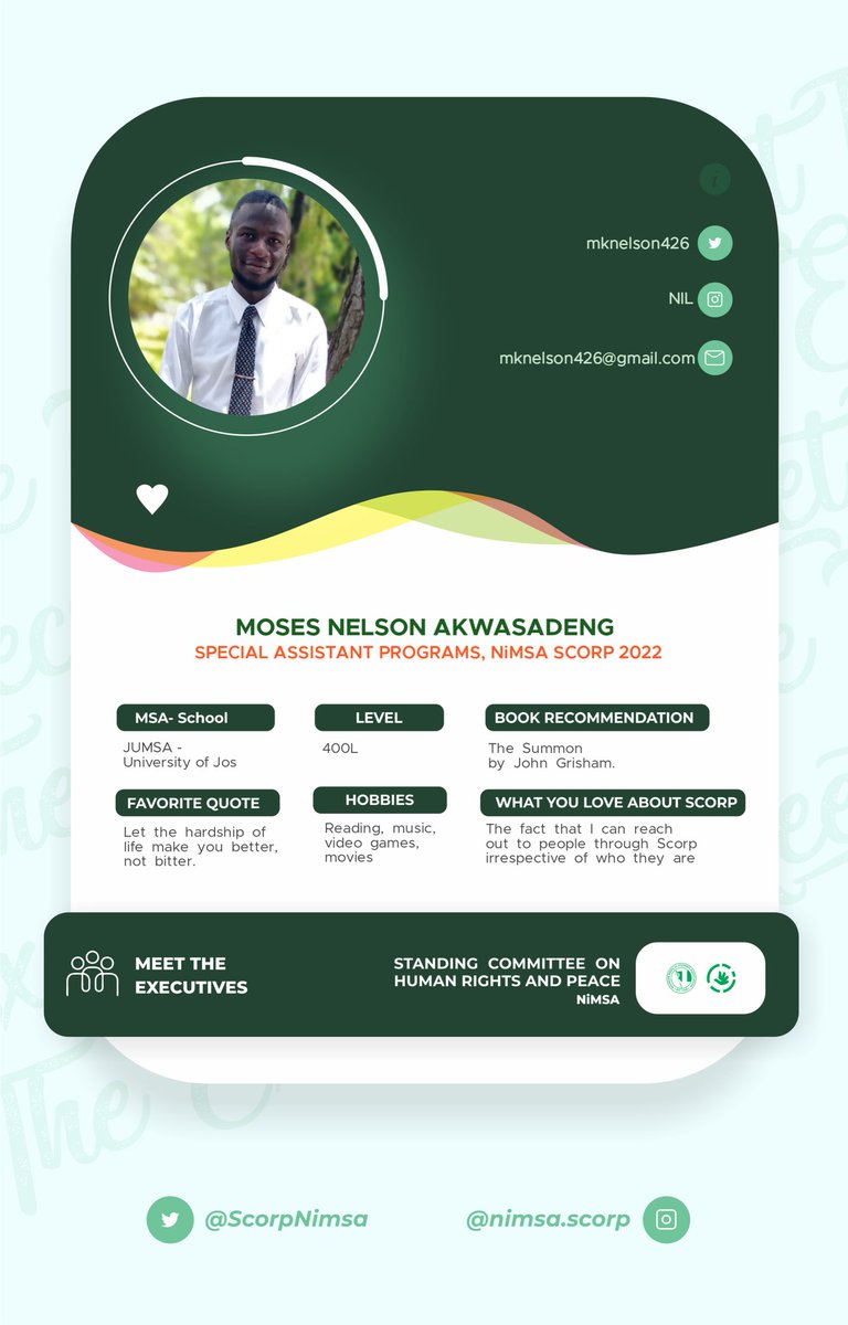 ScorpNimsa's tweet photo. Introducing our NiMSA SCORP Executives💚💚
Meet our Special Assistant Programs: Moses Nelson Akwasadeng
#knowyourexecutives
#NiMSASCORP https://t.co/om3cj51wH8