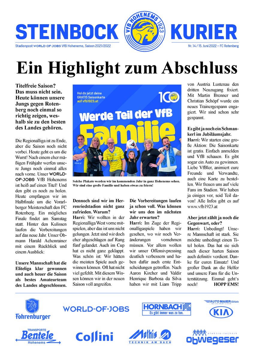 Hallo Fußball Österreich! 100 Jahre sind wir bald. Wir haben einiges vor - und wieder einen Neuzugang. Nachzulesen in unserem letzten Steinbock-Kurier für diese Saison. #HoppEms #NurderVfB #VfB1923