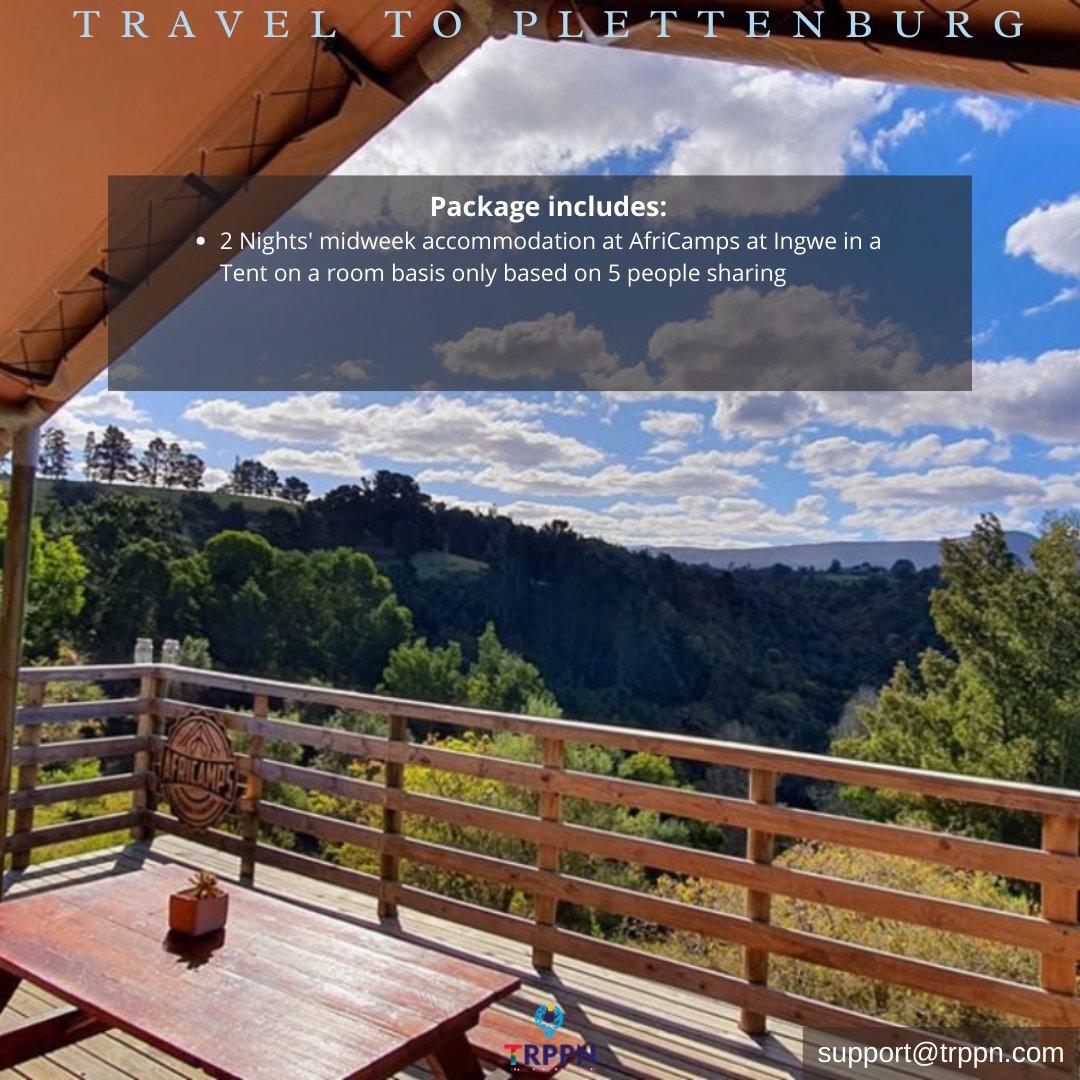 TrppnApp's tweet photo. Go clamping and participate in activities from hiking to hammocking. From solitude in nature to romantic getaways, from family vacations to merry pandemonium with friends! Spend 2 Nights' midweek at AfriCamps at Ingwe in a tent.(based on 5 people sharing)

Contact us for more. https://t.co/ghm7mddHVm