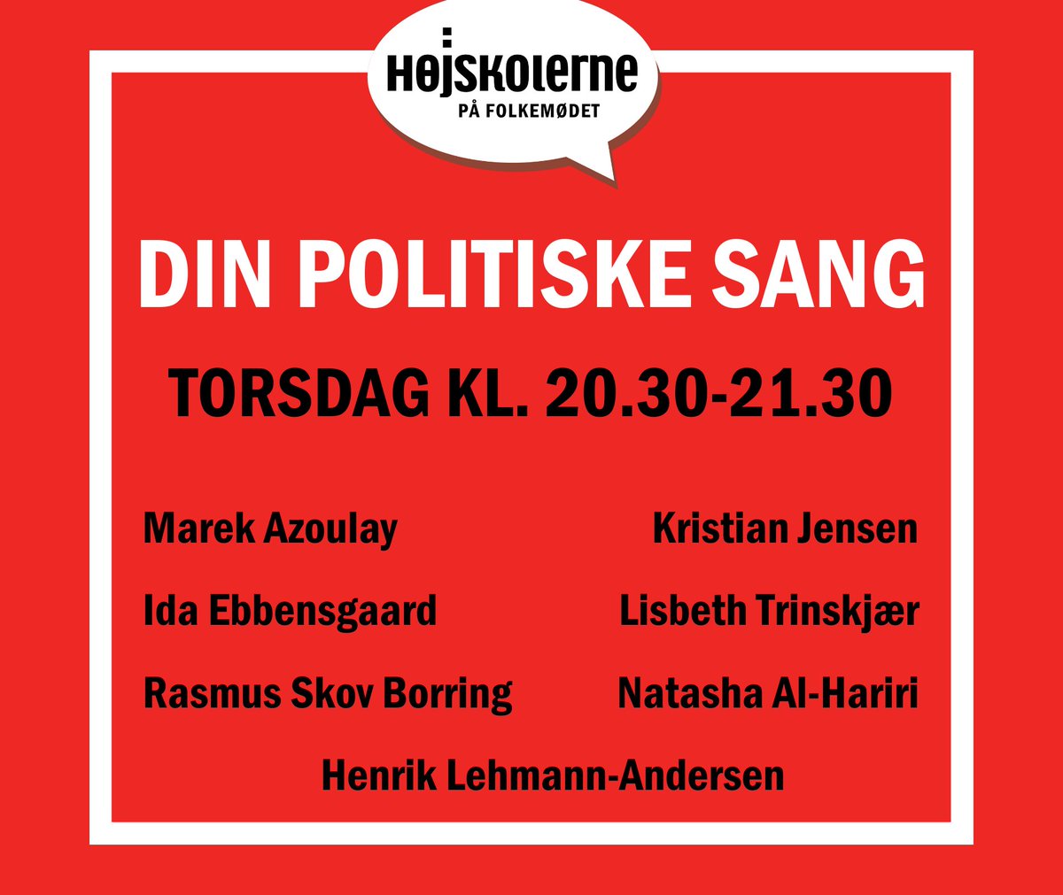 Fra kl. 20 i Højskolernes Folkekøkken: Ny bog om fællessang v. <a href="/HenrikMarstal/">Henrik Marstal</a> - og sangevent v. <a href="/ida_eb/">Ida Ebbensgaard</a> <a href="/Marek_Azou/">Marek Azoulay</a> <a href="/HenrikHLA/">Henrik Lehmann</a>
<a href="/kristianjensen/">Kristian Jensen</a> <a href="/henrik/">LeRoy Tallada</a>
idaeb <a href="/Kristian_Jensen/">Kristian Jensen</a> <a href="/NatAlHariri/">Natasha Al-Hariri</a> <a href="/trinskjaer/">Lisbeth Trinskjær</a>
 <a href="/grundtvig/">Grundtvig</a> #fmdk #højskole  folkemoedet.dk/events/2022/06…