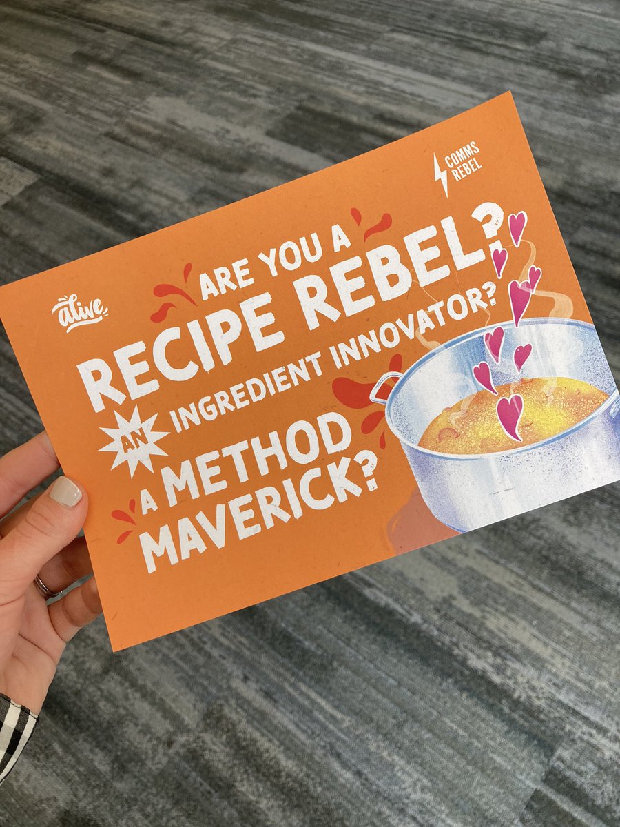 AliveWithIdeas's tweet photo. To all the Recipe Rebels we met yesterday, don’t forget to send us your recipes for the great comms cookbook! https://t.co/mHv2UcthTa #InnerRebel2022 #CanCommsCook https://t.co/iuzuVE67l7
