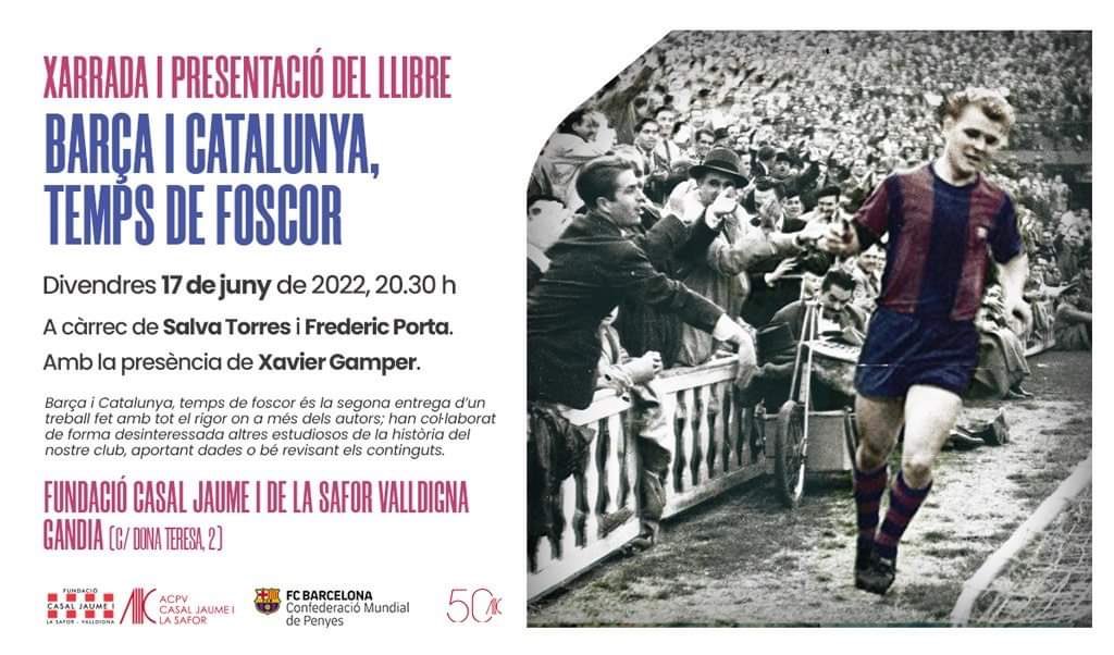 casalsafor's tweet photo. Aquest divendres #17J Presentació del llibre “Barça i Catalunya, temps de foscor” amb #Salvatorres @fredericporta 
#XavierGamper net del fundador del FCB i l'exjugador #PacoClos 
Amb pròleg de @KRLS i epíleg de #JaumeSobrequès 
📍Casal JI
🗓 Divendres 17 de juny
⏱ 20.30 h https://t.co/6GNvQU29kX