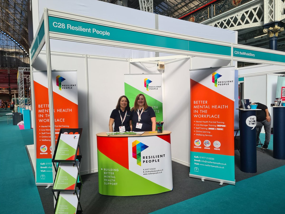 GetResilientUK's tweet photo. Estelle and Amanda are set up and ready to chat about mental health, wellbeing and resilience in your organisation on Stand C28 at the @CIPD @FestivalofWork in London #FestivalOfWork https://t.co/JXgx4eATCJ