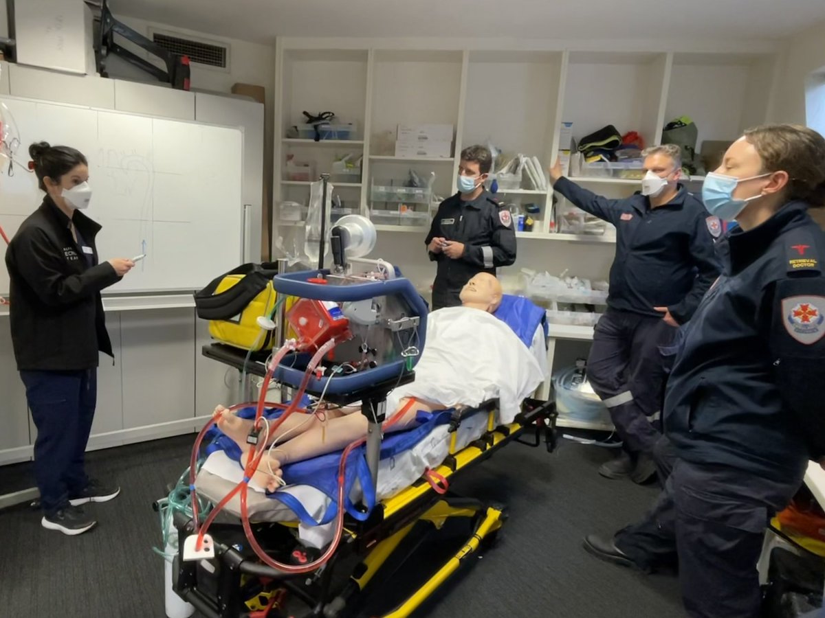 expensivecare's tweet photo. A day in the classroom today with @AlfredHealth ICU ECMO fellow Brooke teaching @AmbulanceVic retrieval registrars the dos-and-don’ts and ins-and-outs of ECMO retrieval 🚑 https://t.co/ENQFCzmqOm