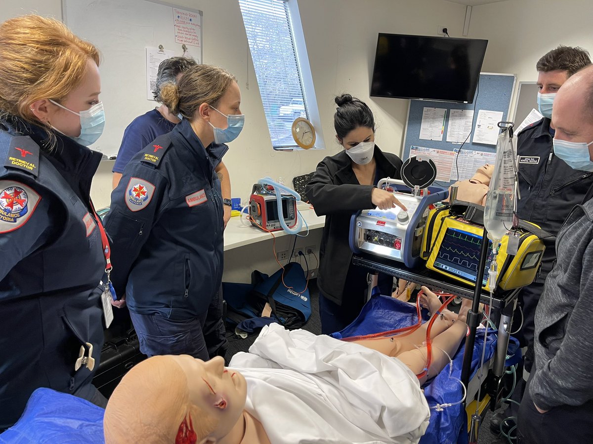 expensivecare's tweet photo. A day in the classroom today with @AlfredHealth ICU ECMO fellow Brooke teaching @AmbulanceVic retrieval registrars the dos-and-don’ts and ins-and-outs of ECMO retrieval 🚑 https://t.co/ENQFCzmqOm