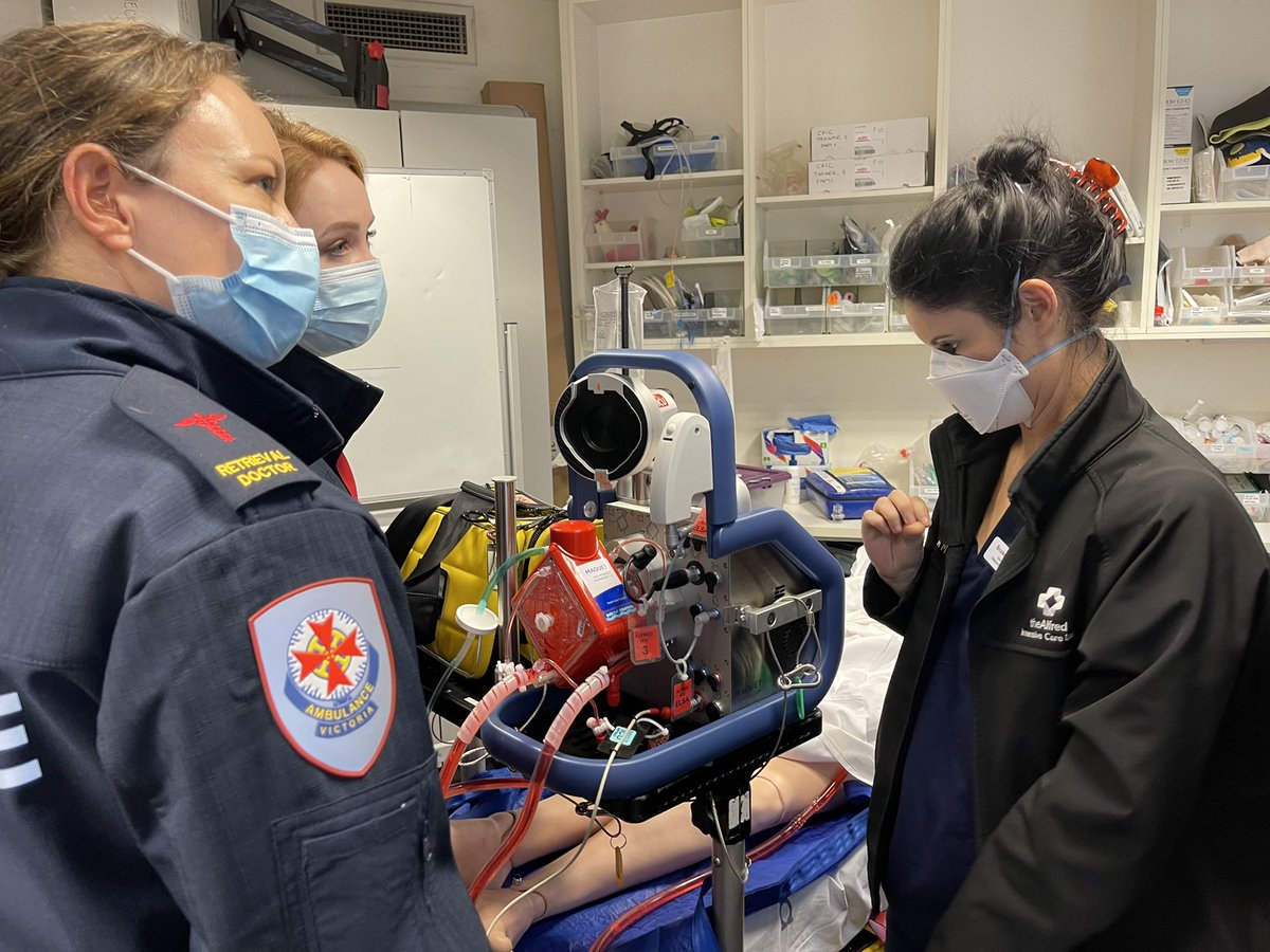 expensivecare's tweet photo. A day in the classroom today with @AlfredHealth ICU ECMO fellow Brooke teaching @AmbulanceVic retrieval registrars the dos-and-don’ts and ins-and-outs of ECMO retrieval 🚑 https://t.co/ENQFCzmqOm