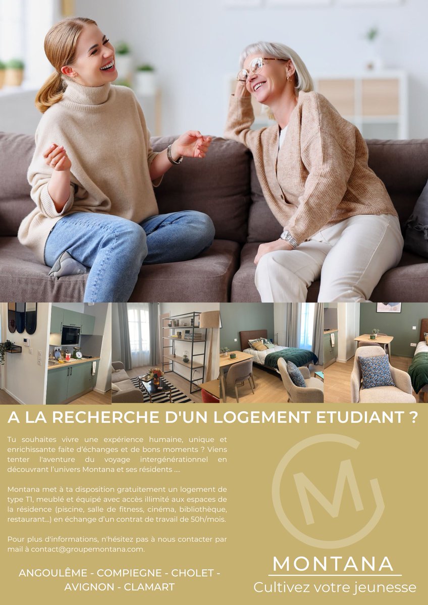 [A la recherche d’un logement étudiant ?]
Viens tenter l’aventure du voyage intergénérationnel en découvrant l’univers Montana et ses résidents… ✨
A Clamart, Cholet, Angoulême, Avignon ou encore Compiègne… Montana a la solution !🏡
#logement #contrat #seniors #etudiant #T1