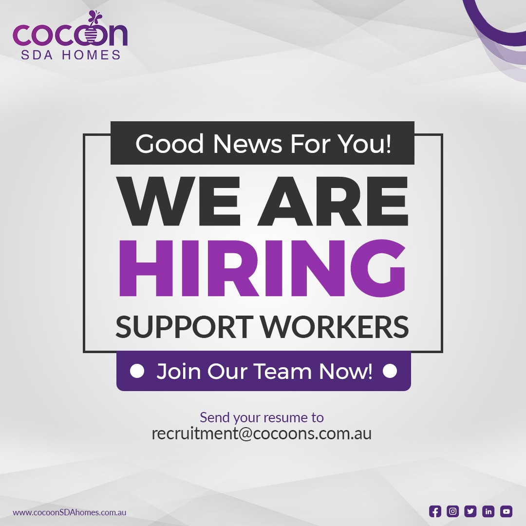 CocoonSDACare's tweet photo. We are hiring Disability Support Workers for Cocoon SDA Homes.
To apply please share your resume to recruitment@cocoons.com.au
#CocoonSDAhomes #SupportWorkers #DisabilitySupportWorkers #SDAHomes #CocoonSDA #CocoonHomes #Disability #NDIS #Cocoon #NDIS https://t.co/qJ7Y7zcdeZ