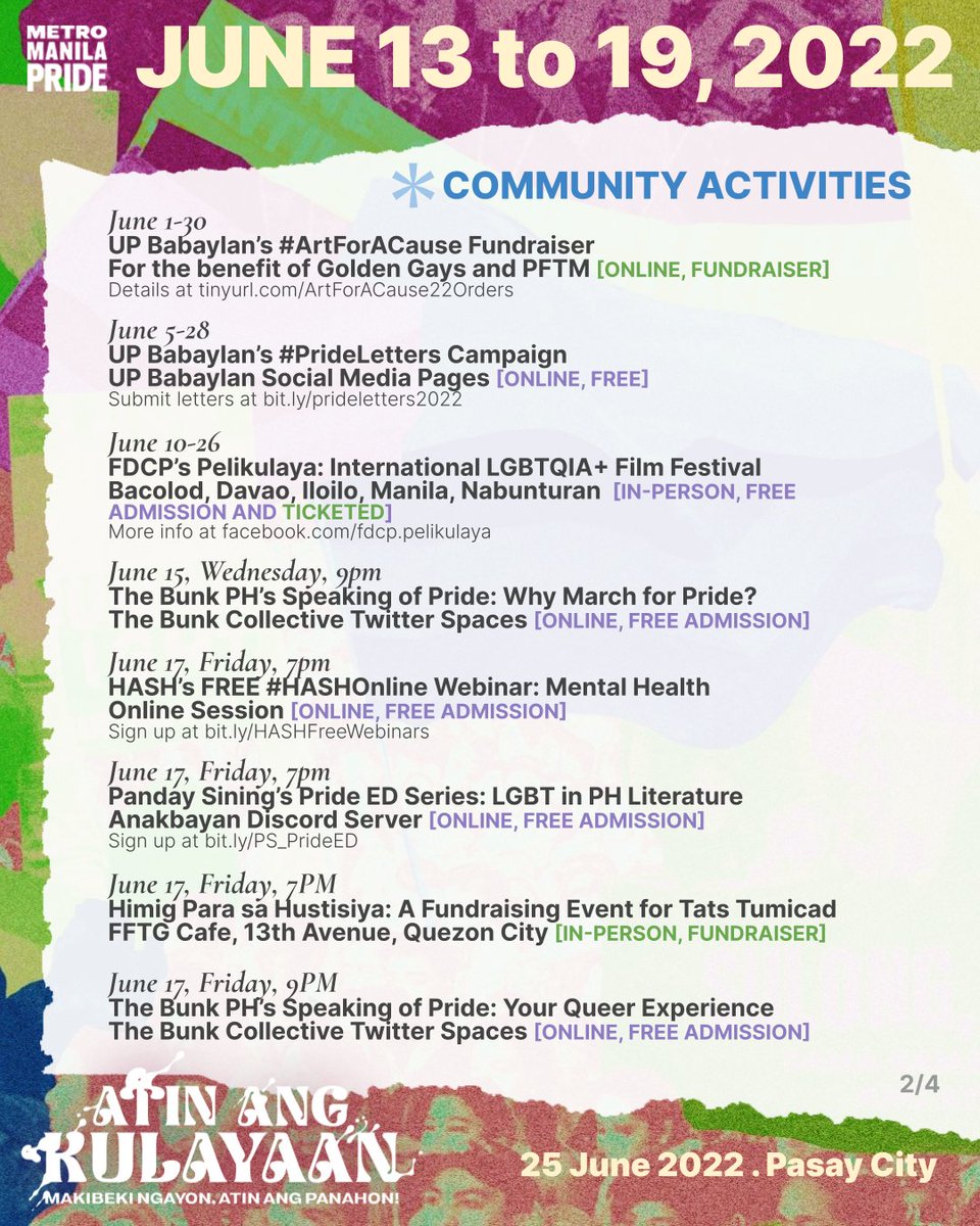 mmprideorg's tweet photo. 🏳️‍🌈This Week's #PrideMonth Community Calendar!🏳️‍🌈

Here's what's in store this week from various orgs across the country!🧵

🏳️‍🌈🏳️‍🌈🏳️‍🌈
Add your activities:
https://t.co/It4pm18yVr

Find #Pride activities in your area: https://t.co/DnexkQkdrm

#AtinAngKulayaan 
#SOGIEEqualityNow
#Pride https://t.co/Fdk89aPb2G