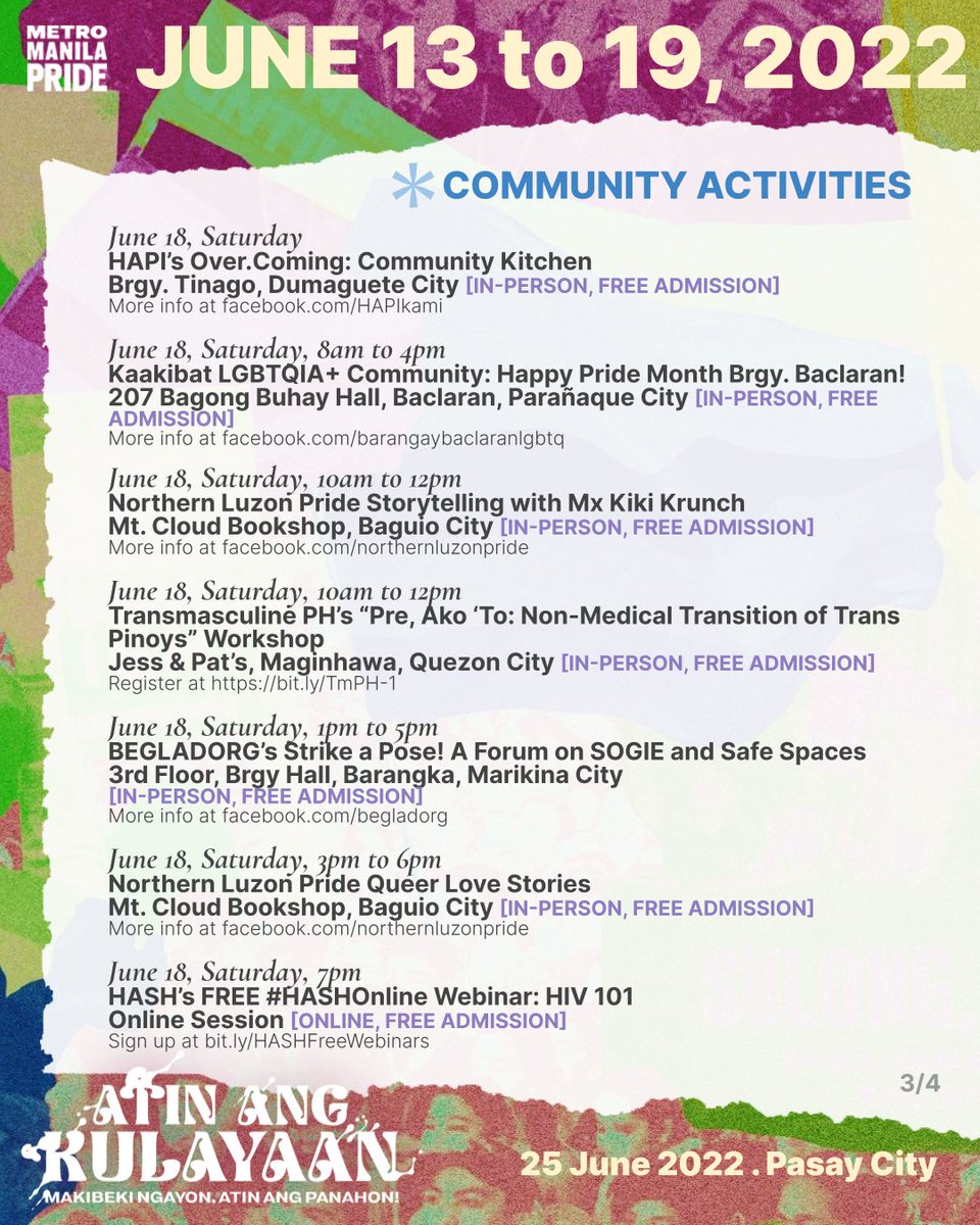 mmprideorg's tweet photo. 🏳️‍🌈This Week's #PrideMonth Community Calendar!🏳️‍🌈

Here's what's in store this week from various orgs across the country!🧵

🏳️‍🌈🏳️‍🌈🏳️‍🌈
Add your activities:
https://t.co/It4pm18yVr

Find #Pride activities in your area: https://t.co/DnexkQkdrm

#AtinAngKulayaan 
#SOGIEEqualityNow
#Pride https://t.co/Fdk89aPb2G