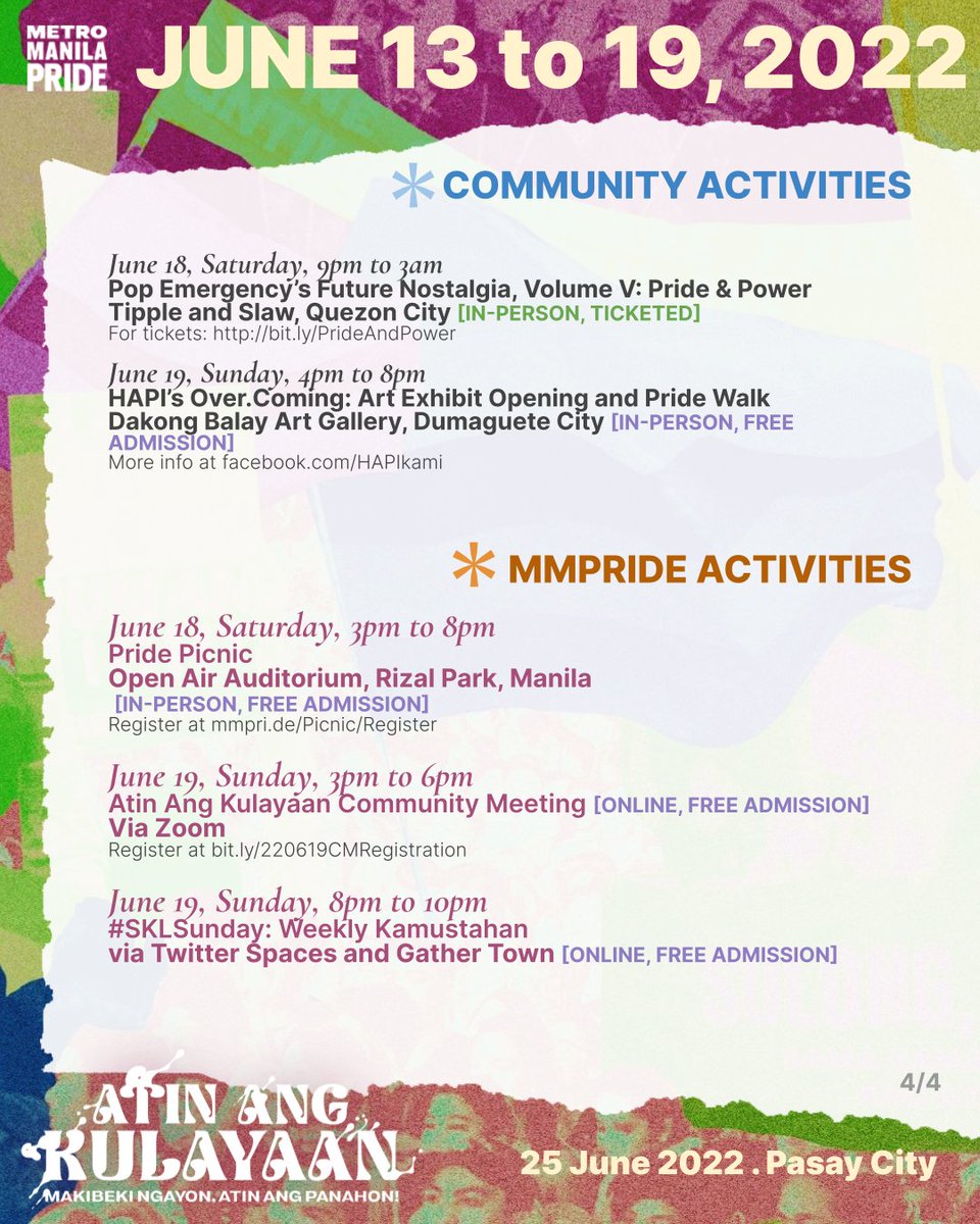 mmprideorg's tweet photo. 🏳️‍🌈This Week's #PrideMonth Community Calendar!🏳️‍🌈

Here's what's in store this week from various orgs across the country!🧵

🏳️‍🌈🏳️‍🌈🏳️‍🌈
Add your activities:
https://t.co/It4pm18yVr

Find #Pride activities in your area: https://t.co/DnexkQkdrm

#AtinAngKulayaan 
#SOGIEEqualityNow
#Pride https://t.co/Fdk89aPb2G