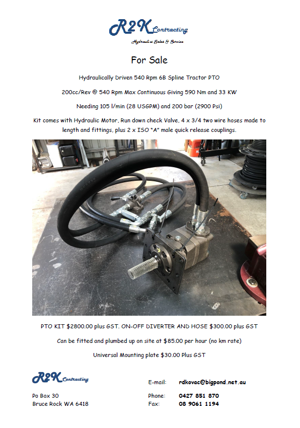 R2Kovac's tweet photo. That time of the year again, Hydraulic 540 PTO kits for sale. We have 6 in stock in Bruce Rock if you want to get in early for Tax time.
Please Note: these Hydraulic 200cc motor driven PTO will only drive up to 18" discharge augers on chaser bins and field bins. https://t.co/wfrI0DCiKT