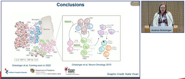 MorganAdamsFdn's tweet image. Andrea Griesinger just finished her second #ISPNO2022 presentation with an updated working model of immunobiology of posterior fossa ependymoma