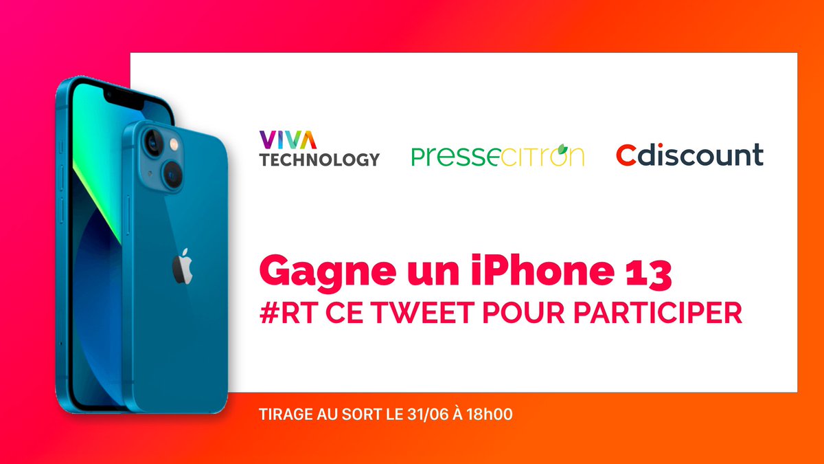pressecitron's tweet image. [#concours x #VivaTech]

On vous offre le dernier iPhone 13 avec notre partenaire Cdiscount, par tirage au sort 🤩🤩

Pour participer :
1️⃣ RT ce tweet
2️⃣ Follow @pressecitron et @Cdiscount 

Bonne chance et bon salon 🚀

TAS 31/06