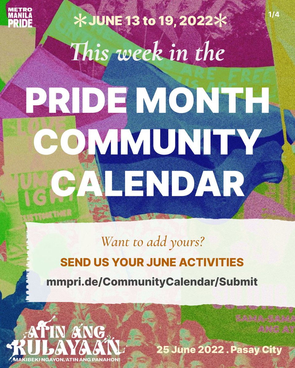 mmprideorg's tweet photo. 🏳️‍🌈This Week's #PrideMonth Community Calendar!🏳️‍🌈

Here's what's in store this week from various orgs across the country!🧵

🏳️‍🌈🏳️‍🌈🏳️‍🌈
Add your activities:
https://t.co/It4pm18yVr

Find #Pride activities in your area: https://t.co/DnexkQkdrm

#AtinAngKulayaan 
#SOGIEEqualityNow
#Pride https://t.co/Fdk89aPb2G