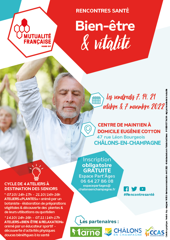 🧘 07.10.2022 à #ChâlonsEnChampagne : #RencontresSanté #BienEtreEtVitalité pour les #Seniors

Au programme : ateliers #plantes + sessions de #relaxation + #QiGong #TaïChi #Yoga 

✅ Gratuit | Inscriptions : cutt.ly/2J7pEB4

Organisé avec #ConfFinanceurs51 @ChalonsAgglo