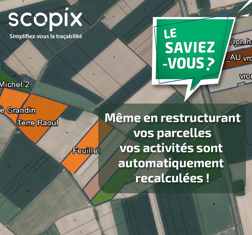 [LE SAVIEZ-VOUS?] <a href="/Scopix_Ortix/">SCOPIX by ORTIX</a> vous permet de restructurer vos parcelles alors même que des activités ont déjà été réalisées : les activités sont automatiquement recalculées en fonction de la nouvelle géométrie de vos #parcelles 
<a href="/noriapcoop/">noriap</a> <a href="/Coopceresia/">Cérèsia</a>  <a href="/Agoracoop/">Agora</a> <a href="/GTPassion_/">GTP</a>