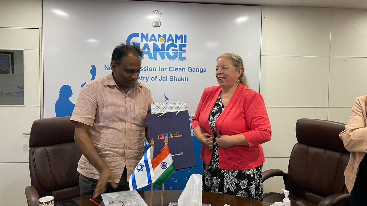 cleanganganmcg's tweet photo. Sh @asokji briefed H.E. @EynatShlein about NMCG and the various efforts it is making towards #STPs, #EcologicalFlow, #Dolphin & #Biodiversity conservation, #plantation, #FishRanching and other efforts leading to river rejuvenation. https://t.co/xzK580qFKr
