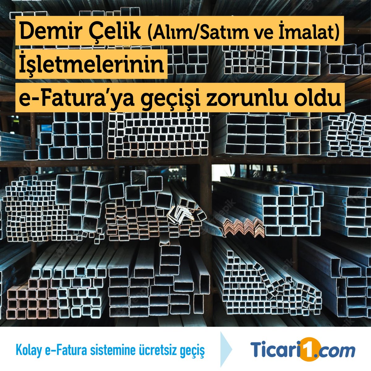 Demir Çelik İşletmeleri 1 Temmuz 2022’de e-Fatura’ya geçmek zorunda.
.
Siz de Ticari1 ile kolayca ve hemen e-Fatura’ya geçebilirsiniz. Hem de çok uygun fiyatlarla..
Satış destek hattı Tel: 0850 255 16 35
ticari1.com
#ticari1 #efatura #earşiv #eticaret