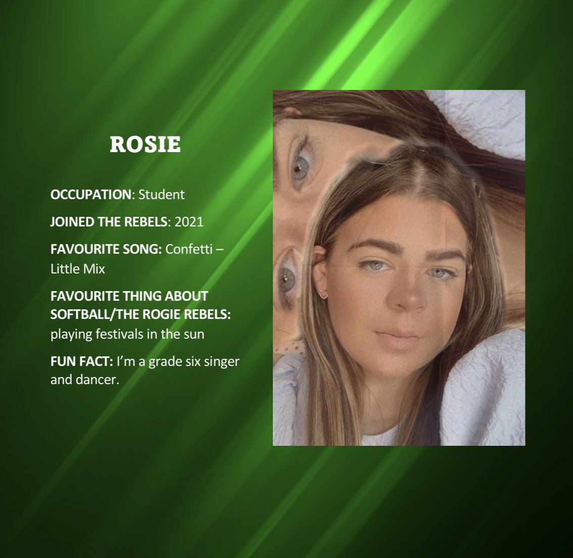 We’re back with the player profiles!! 
Say hello to Rosie! Rosie joined us in 2021 and has been a keen member ever since! As one of our lethal lefties she loves scoring runs and taking wickets! #thisgirlcan #softballcricket