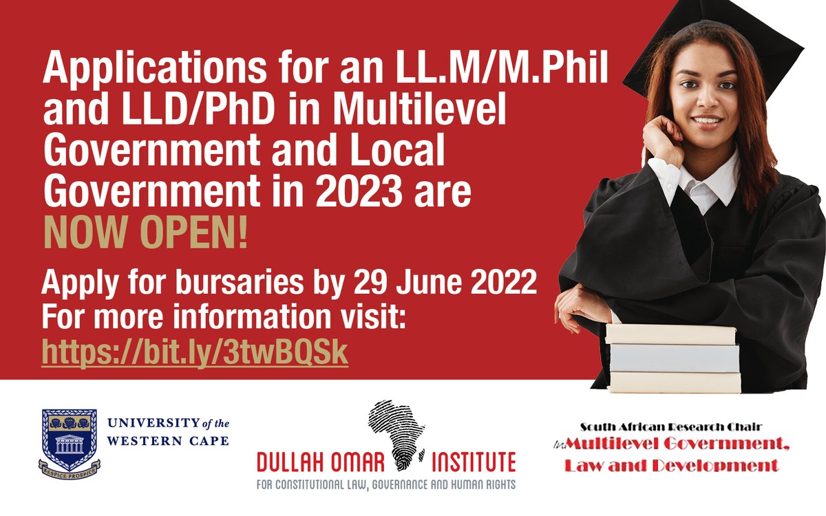 [CALL FOR APPLICATIONS] LL.M/M.Phil and LLD/ PhD in Multilevel Government and Local Government - 2023

APPLY NOW!

Apply for bursaries by 29 June 2022: bit.ly/3twBQSk

<a href="/UWCLawFaculty/">UWC Faculty of Law</a> @UWCpostgrad <a href="/UWConline/">UWC</a>