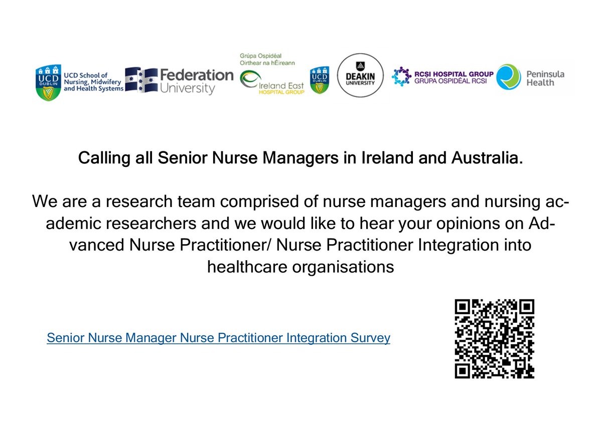 GrainneLowe's tweet photo. Senior nurse managers keen to learn/share experiences of how nurse practitioner roles are being integrated into healthcare settings across Australia and Ireland - we are keen for you to share via the following link or QR code.
https://t.co/NkPg7MYUew https://t.co/hjKCLAonkO
