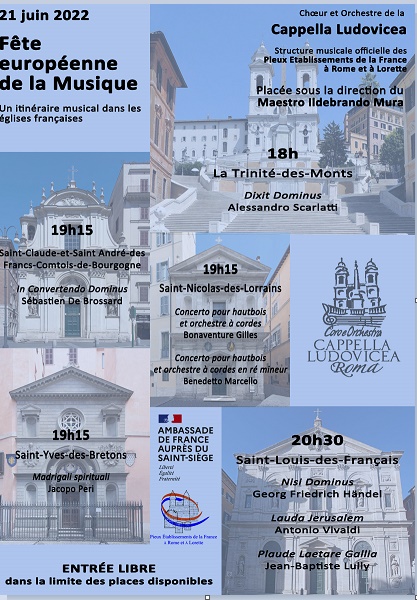 La France au Vatican (@franceauvatican) on Twitter photo Les membres de la communauté française de #Rome sont invités à assister aux #concerts qui auront lieu dans les cinq églises françaises le 21 juin prochain à l’occasion de la Fête européenne de la musique 2022 <a href="/fetemusique/">Fête de la musique</a> #FetedelaMusique . Découvrez le programme ci-dessous :👇 Les membres de la communauté française de #Rome sont invités à assister aux #concerts qui auront lieu dans les cinq églises françaises le 21 juin prochain à l’occasion de la Fête européenne de la musique 2022 <a href="/fetemusique/">Fête de la musique</a> #FetedelaMusique . Découvrez le programme ci-dessous :👇