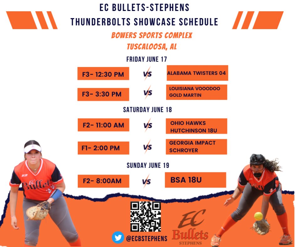 Next stop is Tuscaloosa! Here is our schedule for the Thunderbolts 5star Exposure Showcase. All games will be streamed here. <a href="/EastCobbBullets/">EC Bullets Fastpitch</a> <a href="/LegacyLegendsS1/">Legacy & Legends Softball</a> <a href="/d1fastpitch1/">D1 Fastpitch</a> <a href="/IHartFastpitch/">I❤️Fastpitch</a> @Los_Stuff