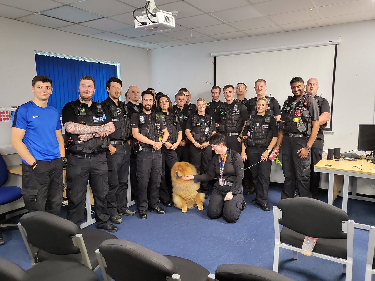 Team 1 Response officers joined at briefing by Theodore <a href="/NPWellbeingDogs/">Northants Police Wellbeing Dogs</a> with mum <a href="/SecretPSGoddess/">Secret PS Goddess</a> .... supporting #ResponsePolicingWeek