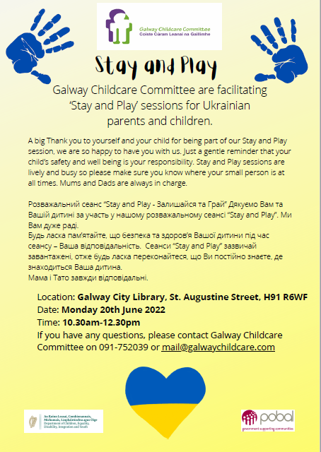LibrariesGalway's tweet photo. We will be hosting a series of "Stay and Play" sessions, run by Galway Childcare Committee for Ukranian families in Galway City, Gort, Oranmore &amp; Loughrea libraries. Details as shown.
@immigrationIRL @GalwayCityCo @GalwayCoCo
@LibrariesIre
#LibrariesForEveryone #LibrariesForAll https://t.co/k84l9lgH1N