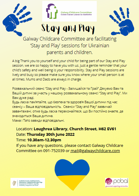 LibrariesGalway's tweet photo. We will be hosting a series of "Stay and Play" sessions, run by Galway Childcare Committee for Ukranian families in Galway City, Gort, Oranmore &amp; Loughrea libraries. Details as shown.
@immigrationIRL @GalwayCityCo @GalwayCoCo
@LibrariesIre
#LibrariesForEveryone #LibrariesForAll https://t.co/k84l9lgH1N