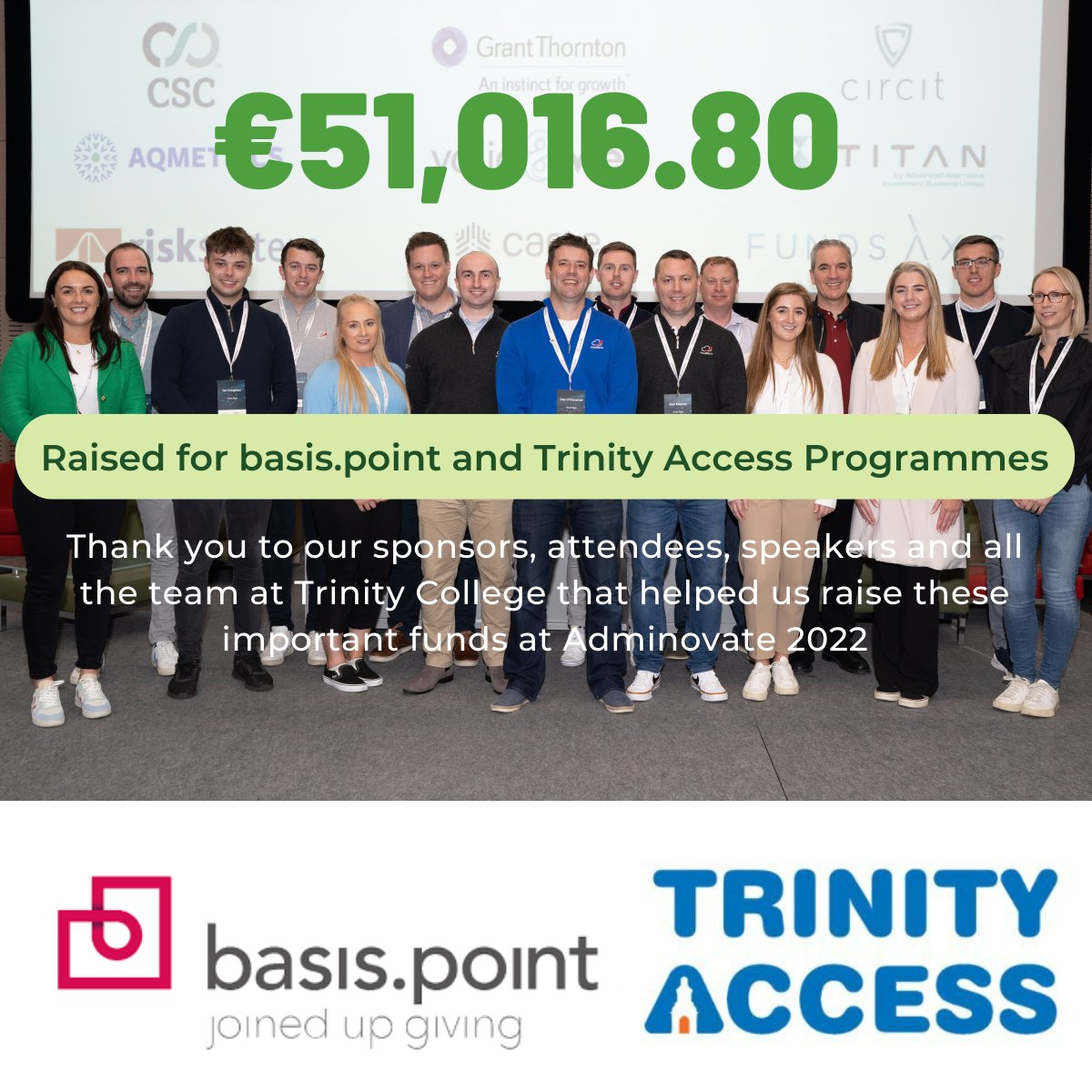 Adminovate (@adminovate) on Twitter photo Delighted to share that this years <a href="/adminovate/">Adminovate</a> conference we hosted in <a href="/tcddublin/">Trinity College Dublin</a> raised a total of €51,016.80 for <a href="/basispointIRE/">basis.point</a> and <a href="/AccessTCD/">TAP</a>. Both charities do fantastic work helping young people from disadvantaged backgrounds achieve higher levels of education. Delighted to share that this years <a href="/adminovate/">Adminovate</a> conference we hosted in <a href="/tcddublin/">Trinity College Dublin</a> raised a total of €51,016.80 for <a href="/basispointIRE/">basis.point</a> and <a href="/AccessTCD/">TAP</a>. Both charities do fantastic work helping young people from disadvantaged backgrounds achieve higher levels of education.