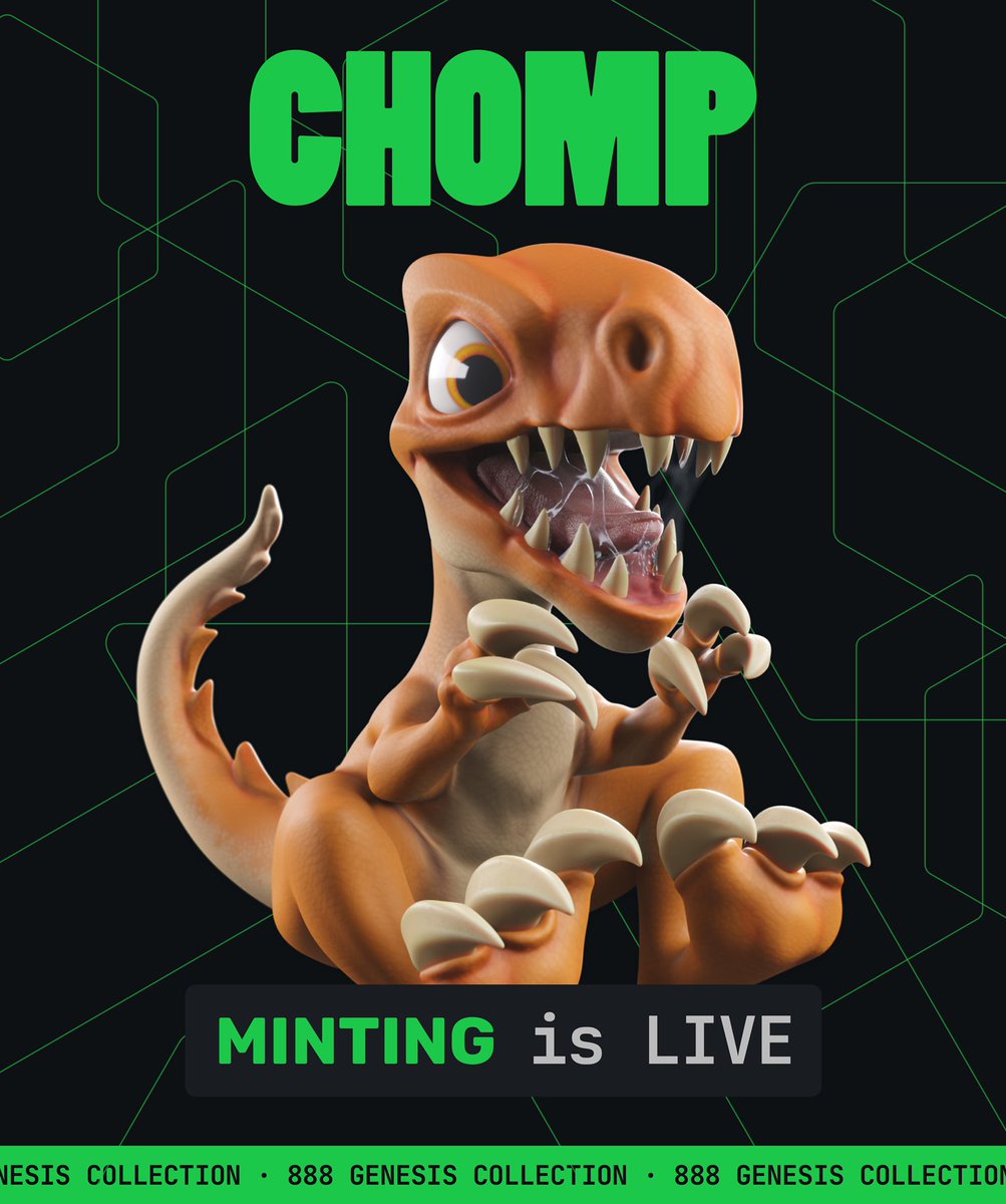 Announcement coming soon.

<a href="/ColeHearted8/">Colezilla</a> and I have been working on some big things for the Chomp gang! 

With just 888 NFTs for only 0.05 eth, you’re going to want to cave in. 

#CHOMP <a href="/TheStoneAgeNFT/">CHOMP 🦖</a> <a href="/carverlabs/">CarverLabs</a>