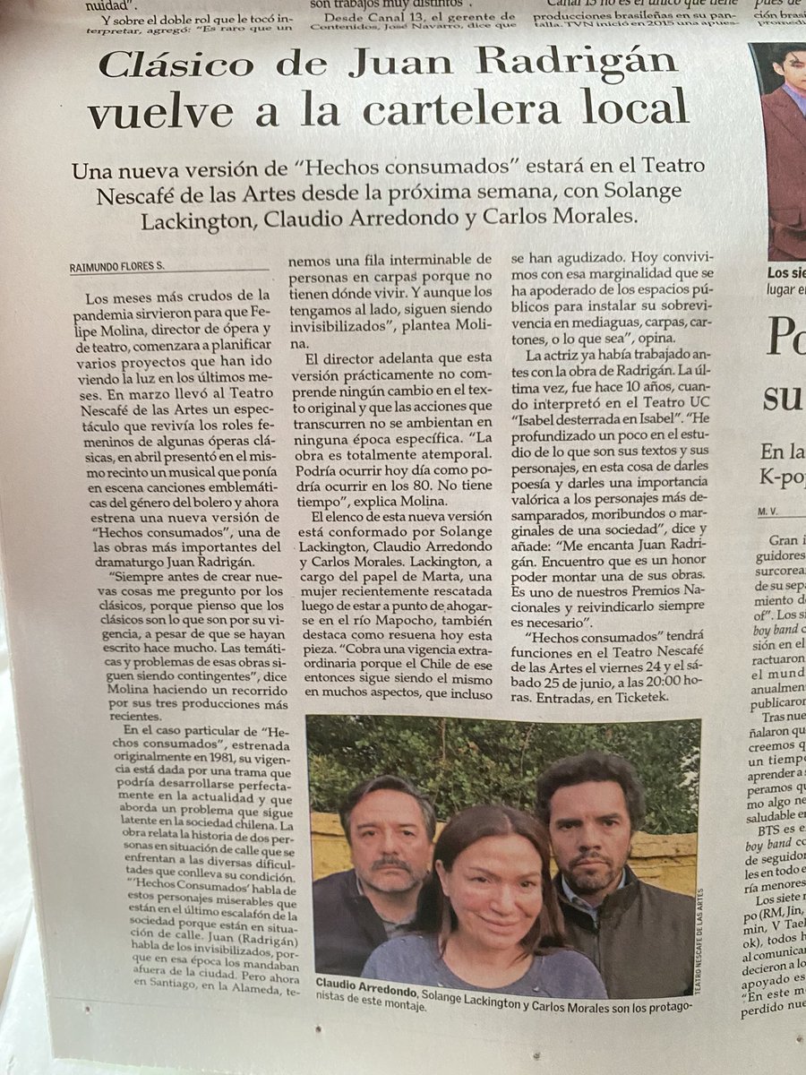 ana_josefa's tweet photo. #Teatro 👀👀En el @Teatro_NESCAFE #JuanRadrigán #HechosConsumados 
Con #SolangeLackington #ClaudioArredondo #CarlosMorales El próximo finde 🎭 👇🏻 Hoy en @ElMercurio_cl https://t.co/FobnFd6AXM