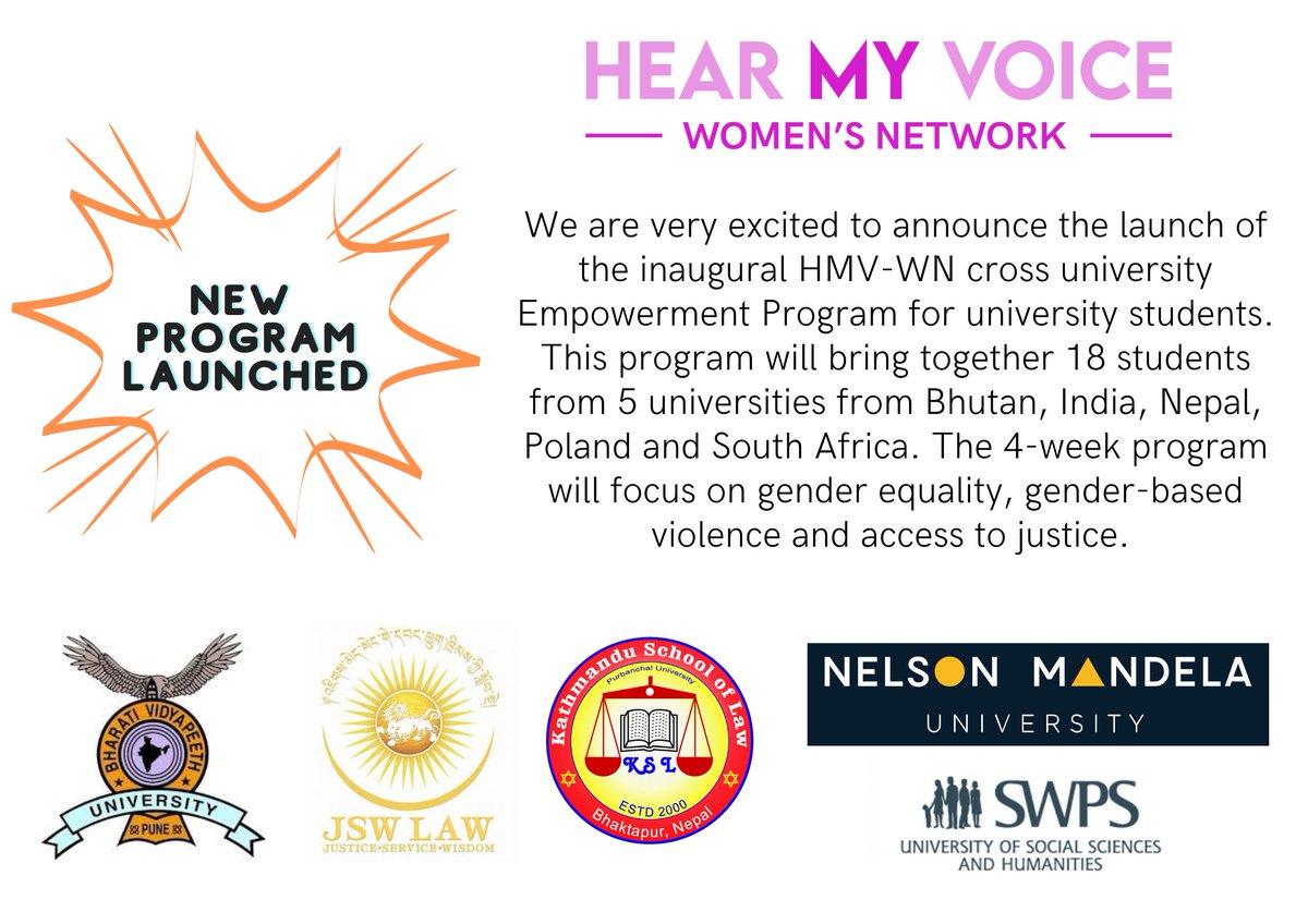 HMV-WN believes strongly in working with the future legal professionals of the world and therefore we are very excited to be collaboratively hosting a 4-week Empowerment Program for 18 Law students from 5 universities across the globe

#HearMyVoice #GenderEquality <a href="/NMMUFacultyLaw/">Law@NelsonMandelaUni</a>
