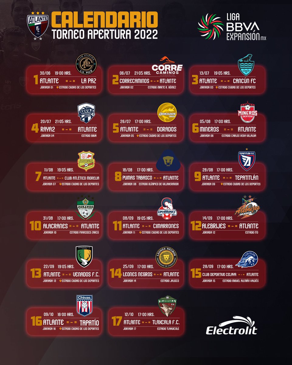 Atlante's tweet photo. De esta manera queda definido nuestro Calendario de Partidos previo al Torneo #Apertura2022 de la @LigaMXExpansion. 

¡Vamos con todo!👊🔵🔴

#SerAtlante #SerdeHierro #SerdelPueblo https://t.co/zLOCg7EPHD