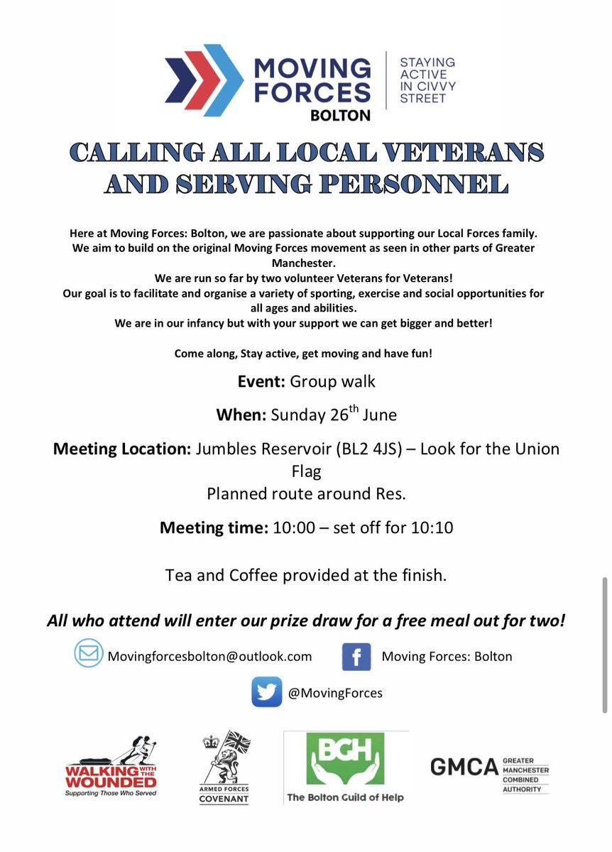 Upcoming walking event, hope to see lots of new faces on our walk, come along, get active, peer support 👍🏼🇬🇧@MVS_GM @manbassadors @ActiveBolton @boltonnhsft @boltongpfed @OfficialBWITC @VeteransGateway @VUASuicide