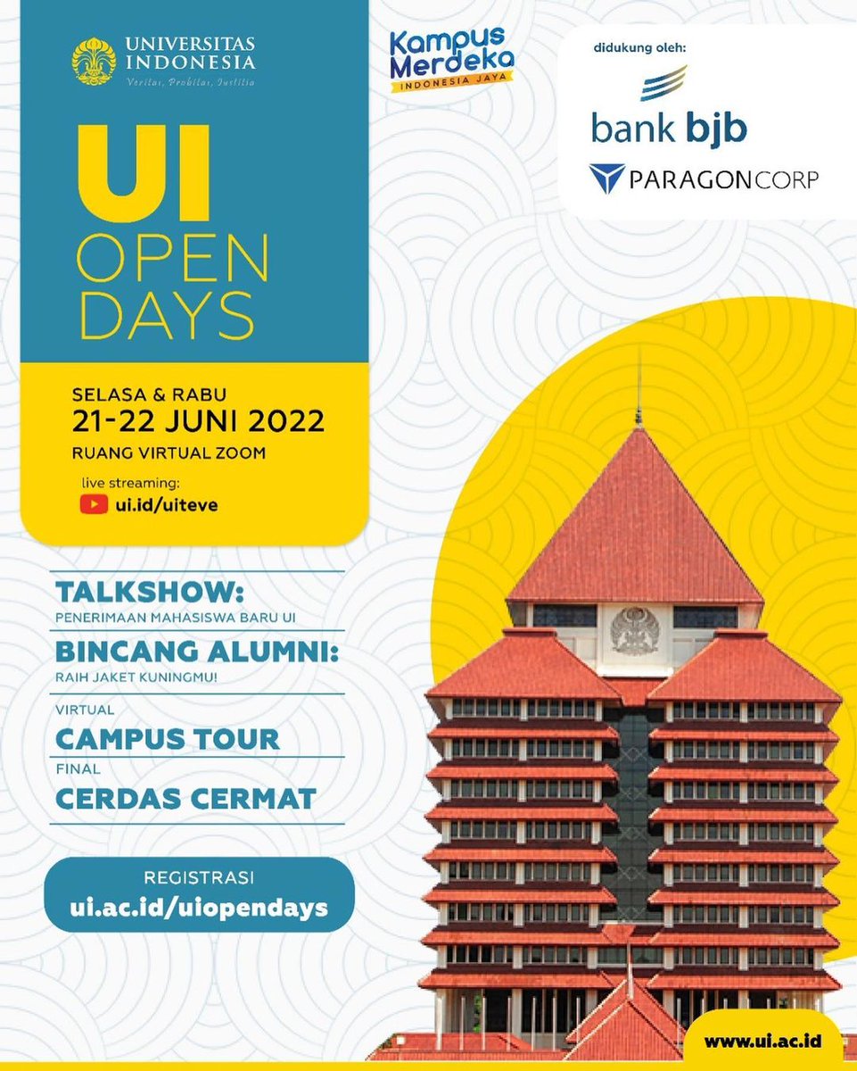 FEBUI_Official's tweet photo. Halo, Calon Mahasiswa Baru UI!👋
Bagi kamu yang tertarik kuliah di UI, yuk ikuti UI Open Days 2022 pada:
🗓 Selasa, 21—22 Juni 2022
💻 https://t.co/9c4t5Pr0I3
Kamu bisa mendapat informasi mengenai fakultas impian, melalui virtual booth dari setiap fakultas!🤩

#UIOpenDays2022 https://t.co/ZPuknfuSmb