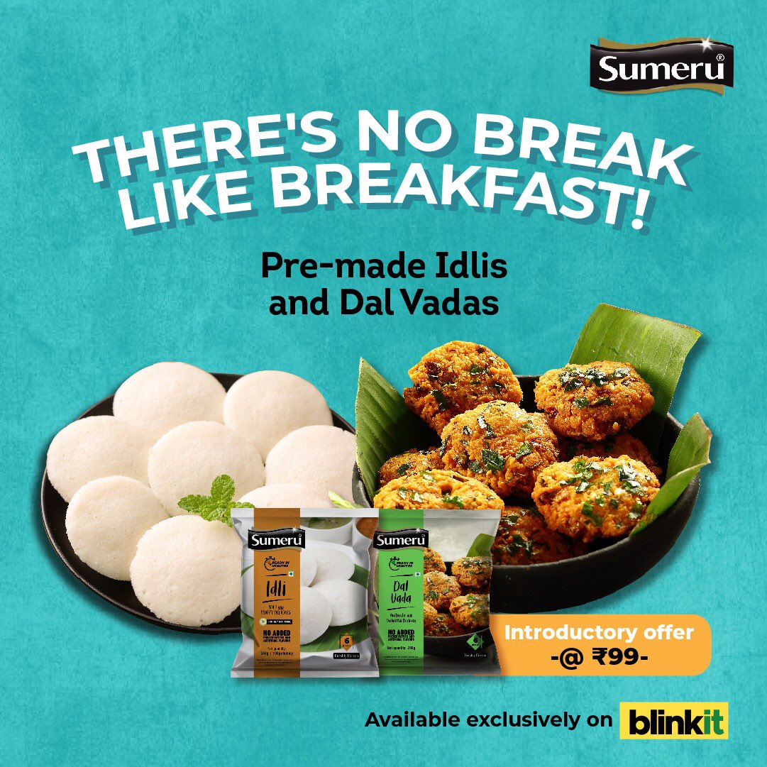 SumeruOfficial's tweet photo. Start your day with great taste! 😋

Sumeru’s ready-to-cool idlis and dal vadas, available exclusively on @letsblinkit in Delhi-NCR, Bangalore, Hyderabad, Mumbai &amp; Kolkata.

#sumeru #sumerufoods #idli #dalvada #readytocook #readytocookmeals #readytocookfood #southindianfood https://t.co/e99rVfJRTv