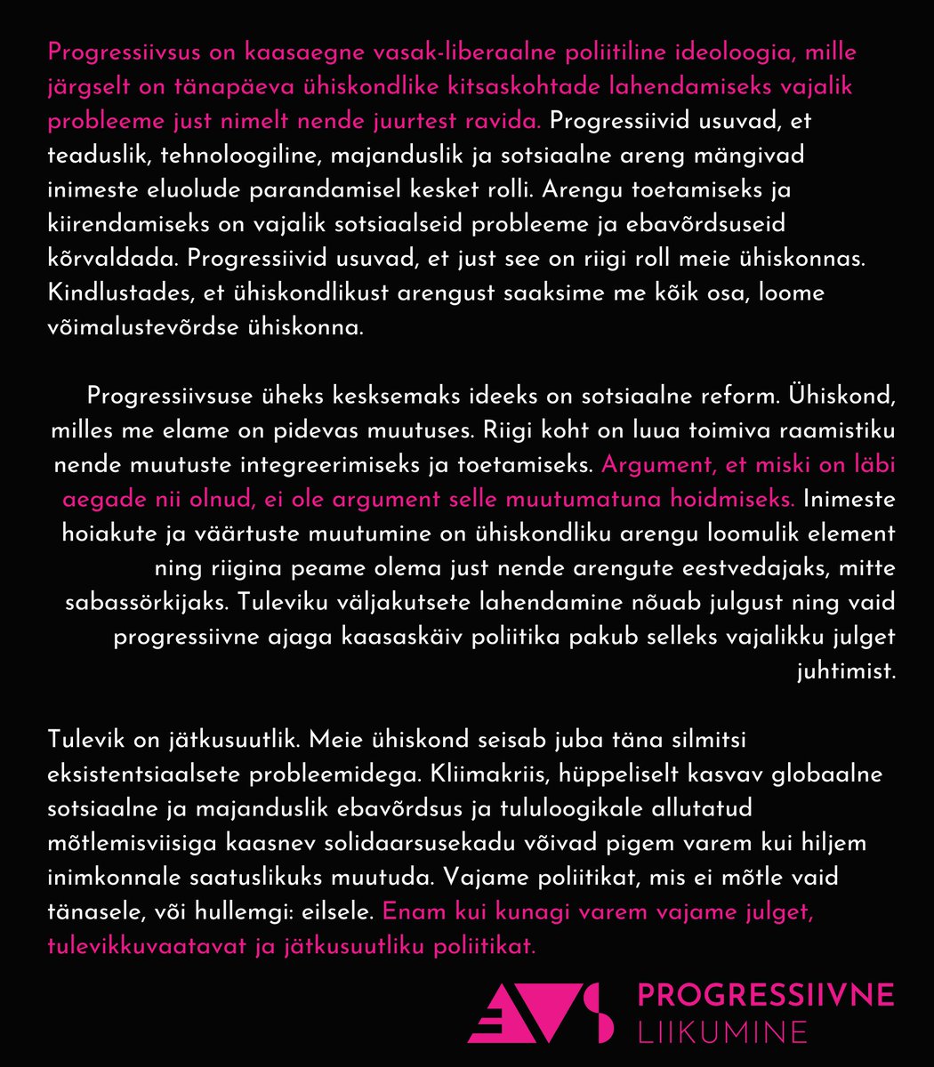 Progressiivne Liikumine on Eesti esimene erakondlikult sõltumatu poliitiline noorteliikumine. Meie põhiväärtused on vabadus, võrdsus ja solidaarsus.

Liitu meiega! linktr.ee/progressiivid