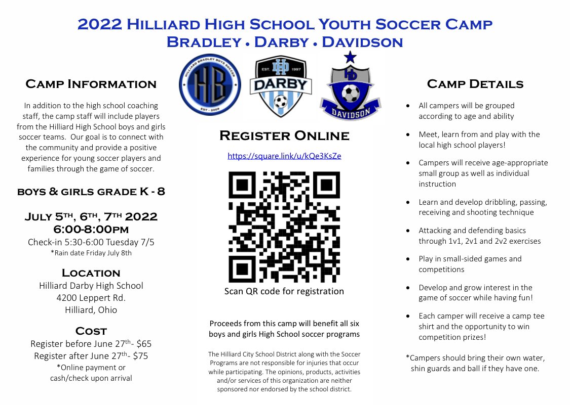DarbyBoysSoccer's tweet photo. There’s still time to sign up for the Hilliard High Schools Youth Soccer Camp!!! It’s coming up quick, get signed up and spread the word! https://t.co/V1jdhhF72t https://t.co/Tklv47AsM7