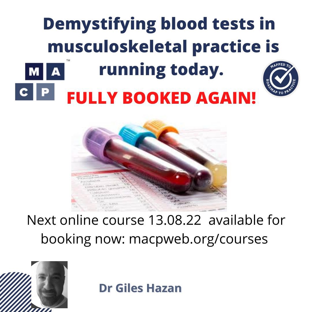 The brilliant Demystifying blood tests in Msk is running online today and is fully booked again!

Another great interactive course with expert tutor <a href="/GilesHazan/">Giles Hazan</a>.

For more info and to book onto the next course👇🏽
macpweb.org/Courses
