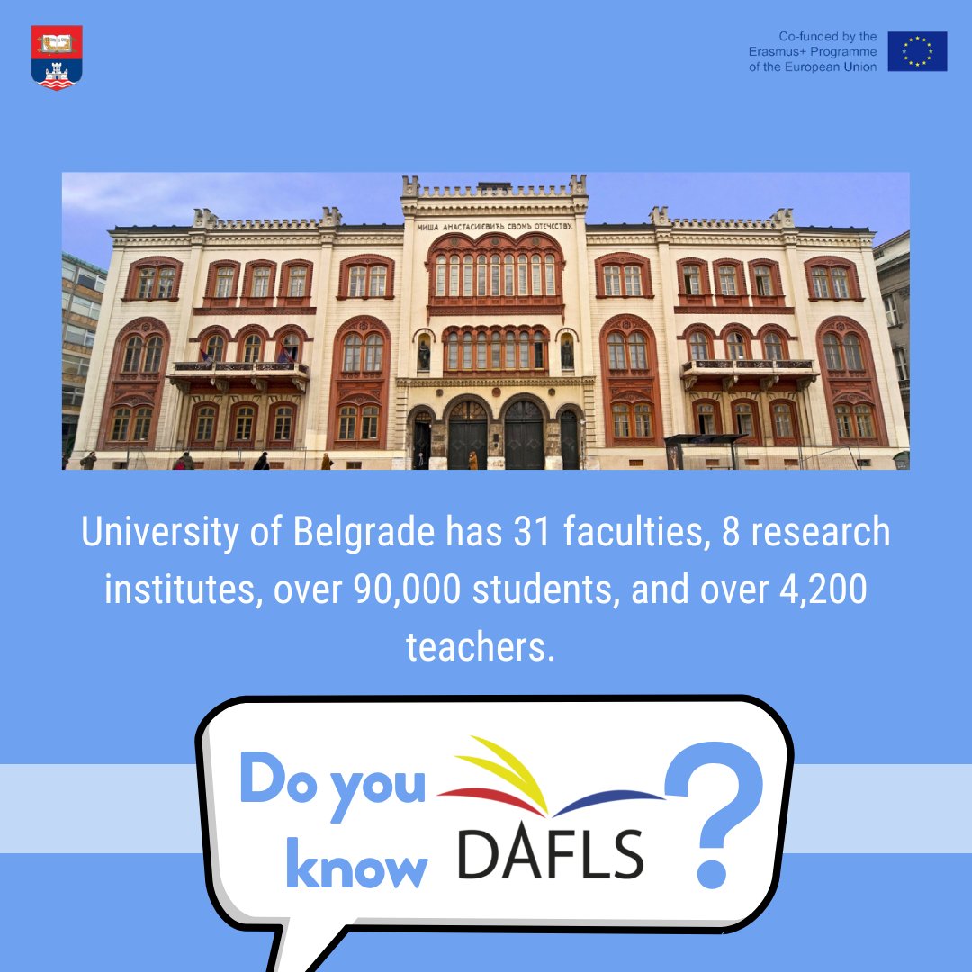 DAFLSProject's tweet photo. Here we have another fact about one of our partner universities.
#DAFLS #Erasmus #DAFLSatUBG #Languages #LEA #BachelorsProgramme #MastersProgramme https://t.co/tFpR2PfGF2