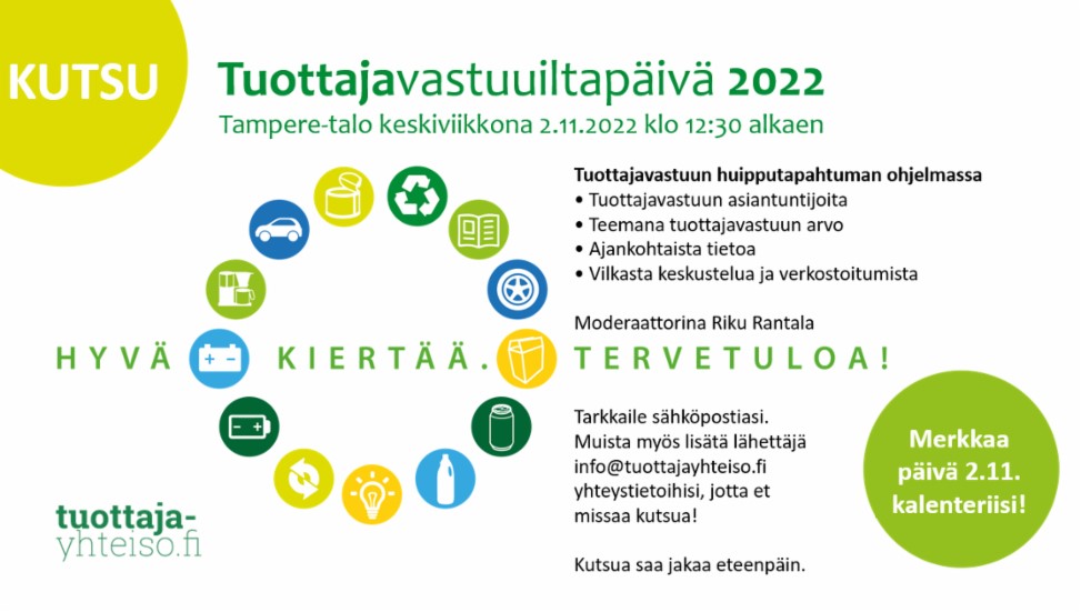 TYnvtk's tweet photo. Tuottajavastuuiltapäivä #TVIP22 järjestetään Tampere-talossa 2.11.2022. Teemana on tuottajavastuun arvo. 
https://t.co/lQdCeJ5YIe
#tuottajavastuu #kiertotalous https://t.co/zhbeYRAQvi