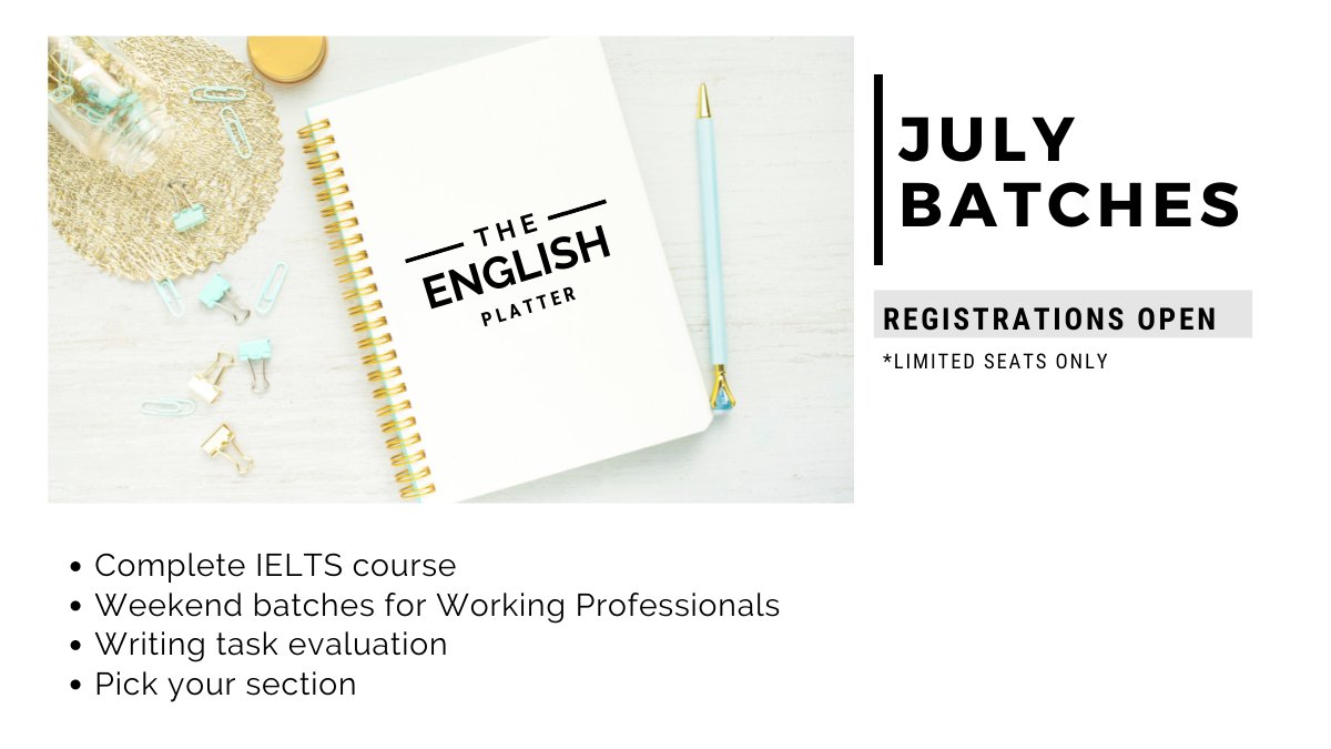 Sign up for new batches of our online IELTS courses beginning July 4, 2022. Pick from the various options we have on offer, to ace the test &amp; get your desired score. We also have weekend batches for working professionals. For more details, visit englishplatter.com or DM us.