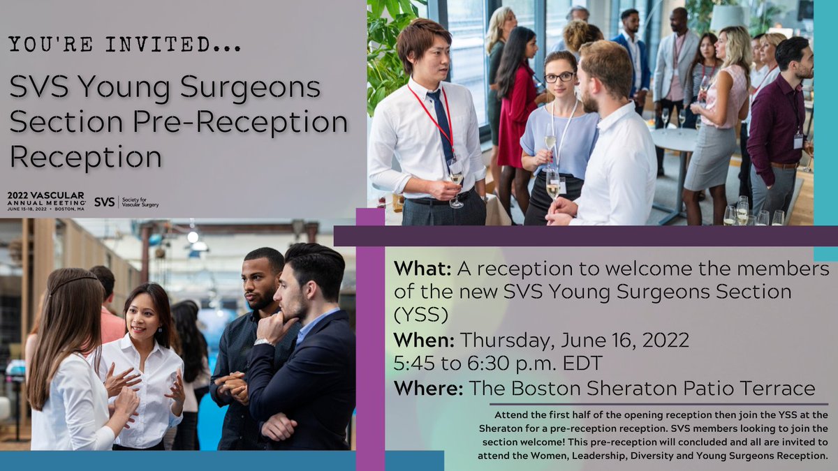 Attention SVS YSS Members and prospective members! Attend tomorrow evening's Pre-Reception Reception on the Boston Sheraton Patio Terrace at 5:45 pm. We are thrilled to get the Section members together for this event! #VAM22 #vascsurg