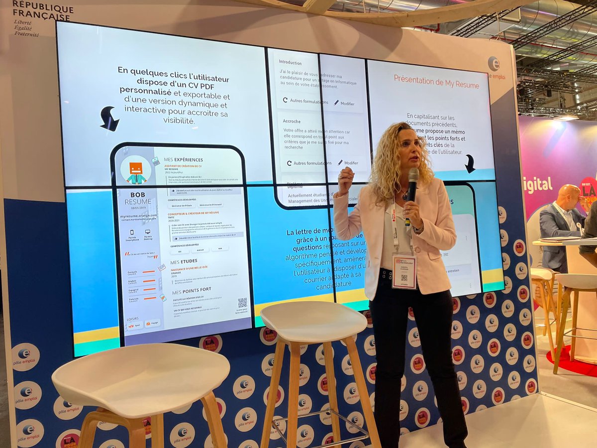 FranceTravail's tweet photo. [Les Pitchs] « My Resume, un outil accessible pour créer un #CV attractif » 🧡

🗣 @CClamouse de @orange nous présente My Resume, une application simple et ergonomique au service des demandeurs d’#emploi 📲

#VivaTech #VivaTech2022 #AvecPoleEmploi https://t.co/GppEVddZP0