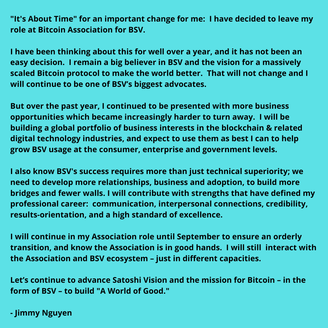 An update from me: It's About Time for a Change
⏰🟦➡️ #BSV
