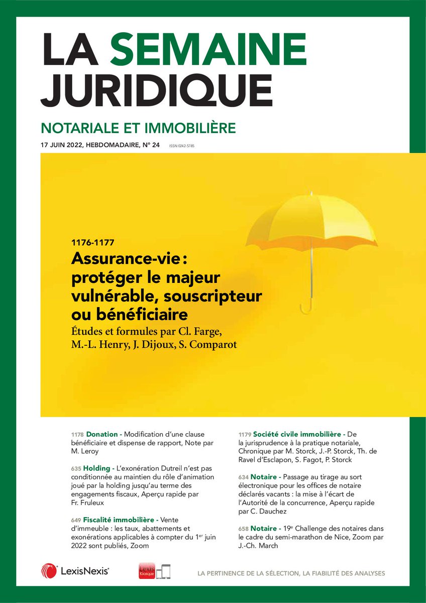 JCP_N's tweet photo. Dans le @JCP_N n°24 juste bouclé, bientôt en ligne : études et formules "#assurance-vie et #majeurvulnérable, #souscripteur ou #bénéficiaire" par C. Farge, M.-L. Henry, J. Dijoux et S. Comparot @FIDAL_avocats #patrimoine #anticipation https://t.co/cgubgquexY